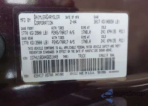 2004 Dodge Ram 1500 Slt/Laramie z USA, uszkodzony, nr VIN 1D7HU18D04S651049